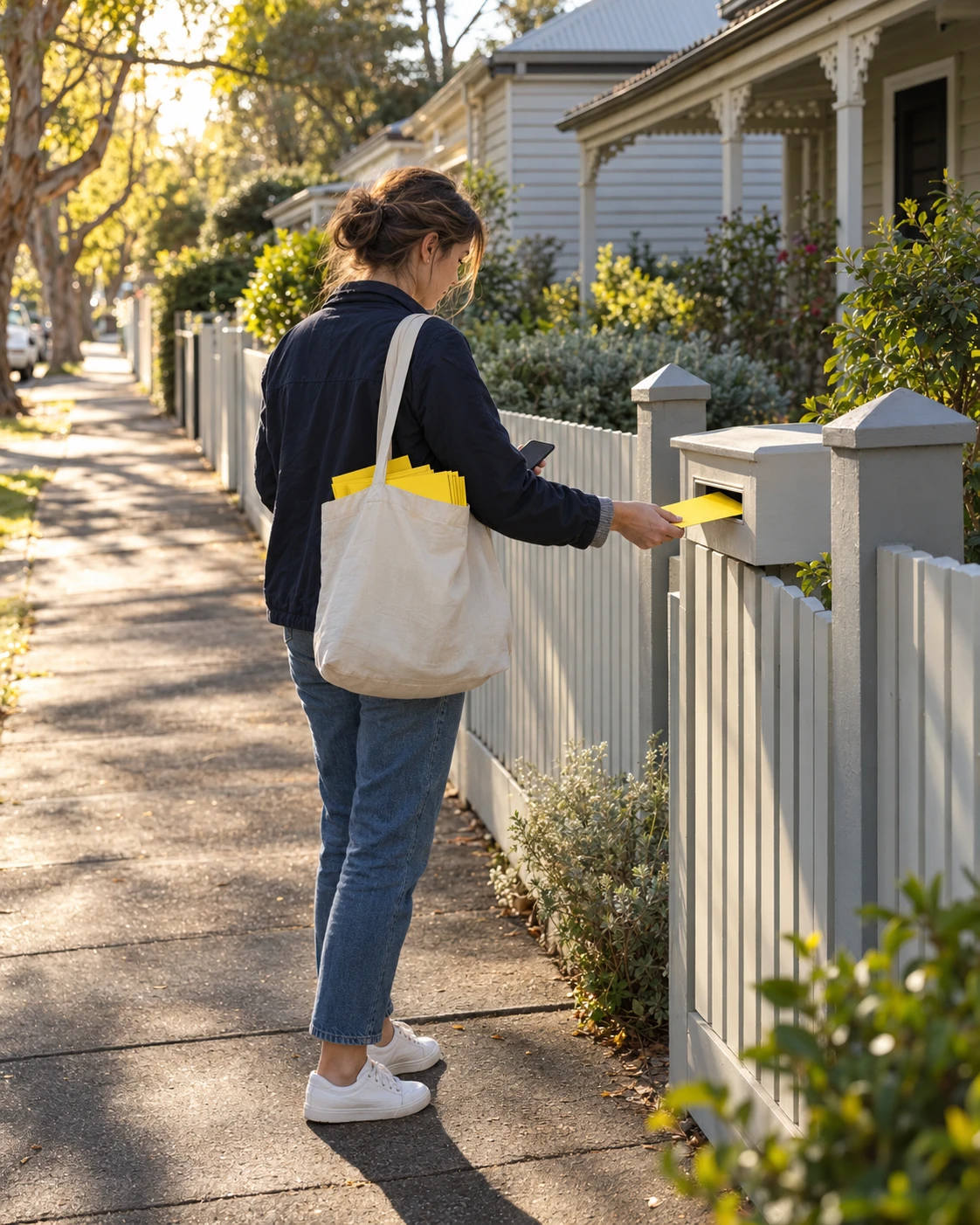 A rider posting a yellow flyer into the letterbox on a front fence, a bag of flyers on her shoulder